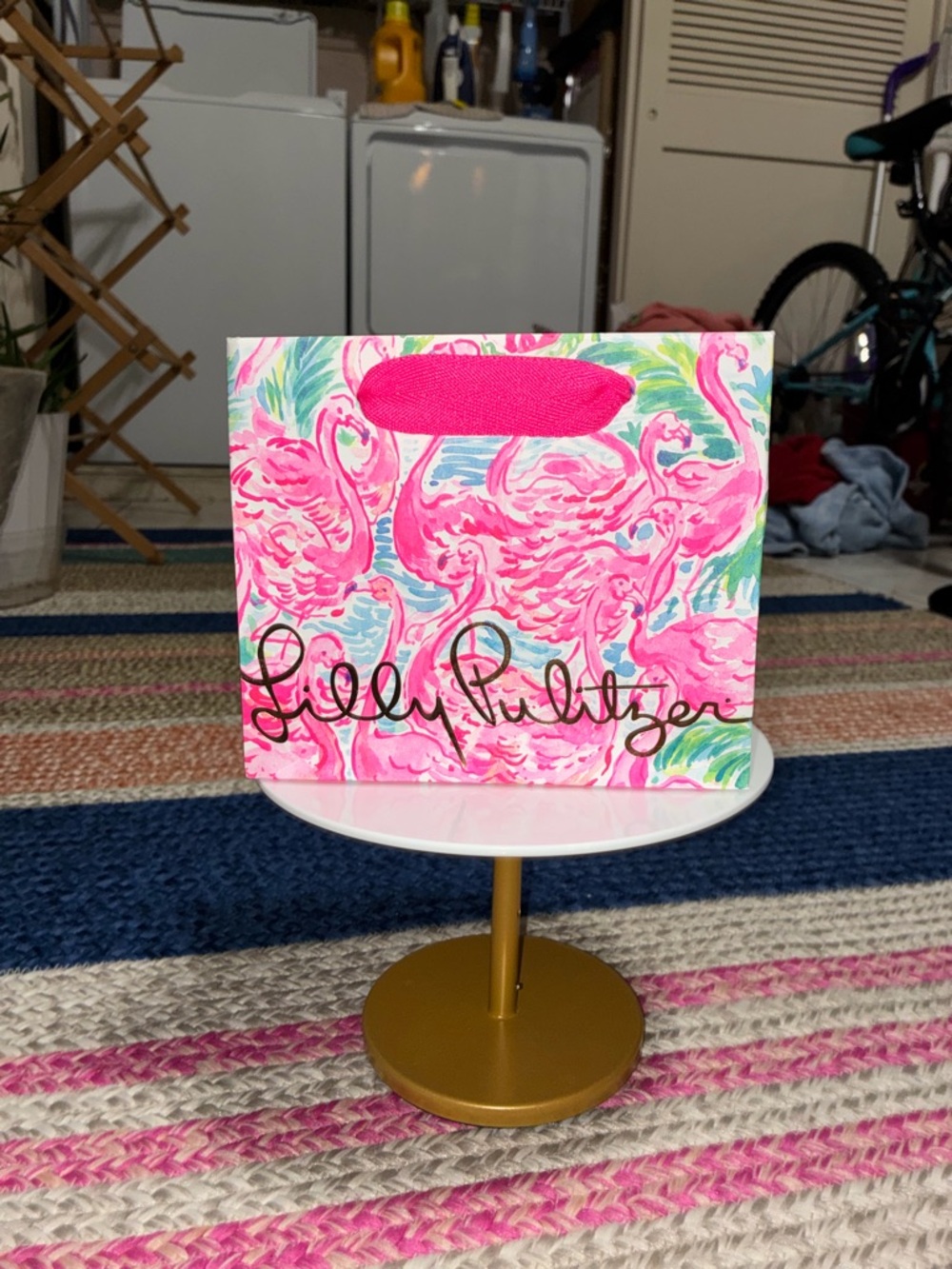 Lilly Pulitzer Pink Flamingo Pattern Gift Bag with Green Accents- Mystery items